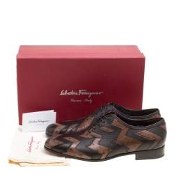 Pre Owned Salvatore Ferragamo Two Tone Brown Ostrich and Calf Leather Gris Oxfords Size 43.5