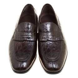 Pre Owned Salvatore Ferragamo Mocca Crocodile Leather Pablo Penny Loafers Size 42.5