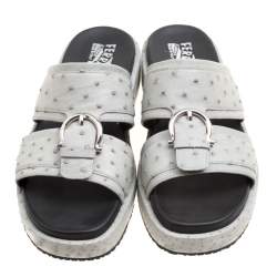 Salvatore Ferragamo Grey Ostrich Leather Lutfi Platform Slides Size 41