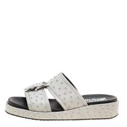 Salvatore Ferragamo Grey Ostrich Leather Lutfi Platform Slides Size 41