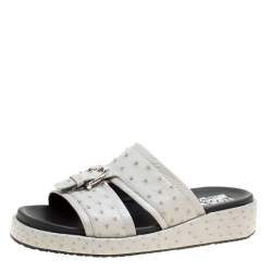 Salvatore Ferragamo Grey Ostrich Leather Lutfi Platform Slides Size 41