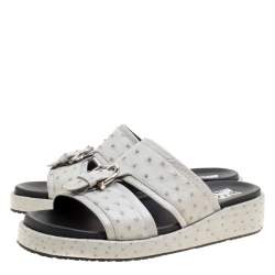 Salvatore Ferragamo Grey Ostrich Leather Lutfi Platform Slides Size 41