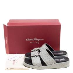 Salvatore Ferragamo Grey Ostrich Leather Lutfi Platform Slides Size 41