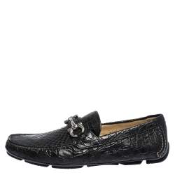 Pre Owned Salvatore Ferragamo Black Croc Leather Parigi Loafers Size 44.5