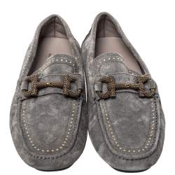 Pre Owned Salvatore Ferragamo Grey Suede Parigi Studded Driving Loafer Size 40