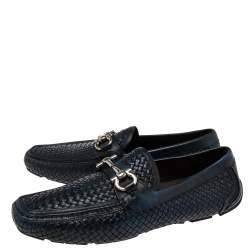 Pre Owned Salvatore Ferragamo Navy Blue/Black Woven Leather Parigi Gancio Bit Loafers Size 44.5