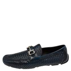 Pre Owned Salvatore Ferragamo Navy Blue/Black Woven Leather Parigi Gancio Bit Loafers Size 44.5