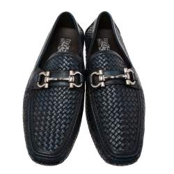 Pre Owned Salvatore Ferragamo Navy Blue/Black Woven Leather Parigi Gancio Bit Loafers Size 44.5