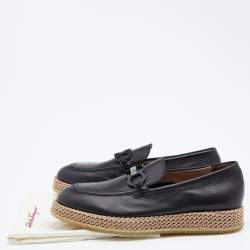 Pre Owned Salvatore Ferragamo Black Leather Gancini Espadrille Slip On Loafers Size 44