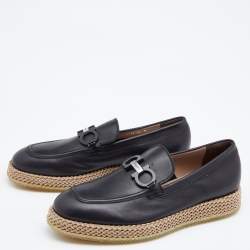 Pre Owned Salvatore Ferragamo Black Leather Gancini Espadrille Slip On Loafers Size 44