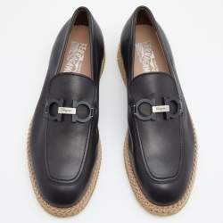 Pre Owned Salvatore Ferragamo Black Leather Gancini Espadrille Slip On Loafers Size 44