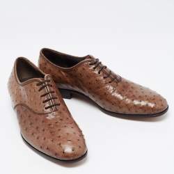 Pre Owned Salvatore Ferragamo Brown Ostrich Leather Gris Lace Up Derby Size 41