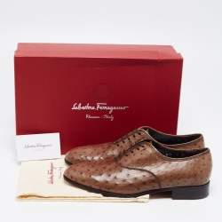 Pre Owned Salvatore Ferragamo Brown Ostrich Leather Gris Lace Up Derby Size 41