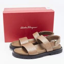 Pre Owned Salvatore Ferragamo Beige Embossed Leather Notorius Flat Sandals Size 44
