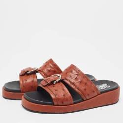Salvatore Ferragamo Brown Ostrich Lutfi Platform Slides Size 41