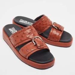 Salvatore Ferragamo Brown Ostrich Lutfi Platform Slides Size 41