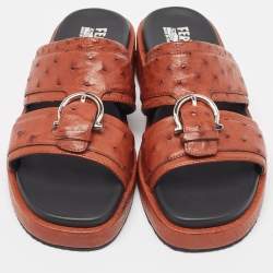 Salvatore Ferragamo Brown Ostrich Lutfi Platform Slides Size 41