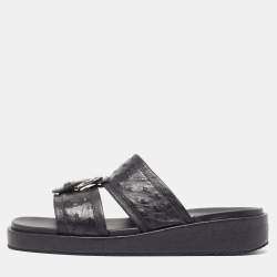 Salvatore Ferragamo Black Ostrich Lutfi Platform Slides Size 41.5