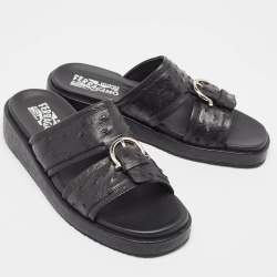 Salvatore Ferragamo Black Ostrich Lutfi Platform Slides Size 41.5