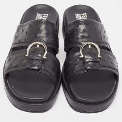 Salvatore Ferragamo Black Ostrich Lutfi Platform Slides Size 41.5