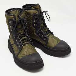 Salvatore Ferragamo Green/Black Nylon and Leather Rally Combat Boots Size 44