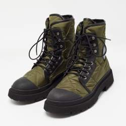 Salvatore Ferragamo Green/Black Nylon and Leather Rally Combat Boots Size 44