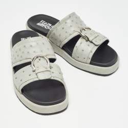 Salvatore Ferragamo Grey Ostrich Lutfi Platform Slides Size 40.5