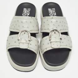 Salvatore Ferragamo Grey Ostrich Lutfi Platform Slides Size 40.5