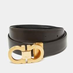Pre Owned Salvatore Ferragamo Black/Dark Brown Leather Gancini Cut to Size Reversible Belt