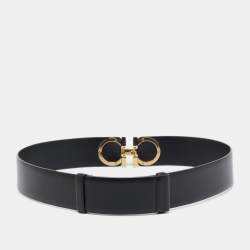 Pre Owned Salvatore Ferragamo Black Leather Gancini Buckle Belt 70CM