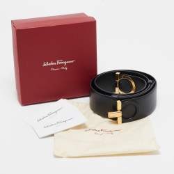 Pre Owned Salvatore Ferragamo Black Leather Gancini Buckle Belt 70CM