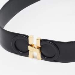 Pre Owned Salvatore Ferragamo Black Leather Gancini Buckle Belt 70CM