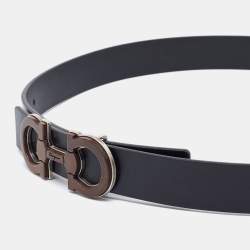 Pre Owned Salvatore Ferragamo Black Leather Gancini Buckle Belt 85CM
