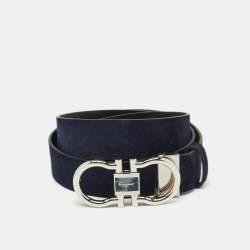 Pre Owned Salvatore Ferragamo Navy Blue/Black Nubuck Leather Cut to Size Reversible Gancini Buckle Belt