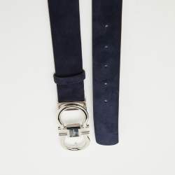 Pre Owned Salvatore Ferragamo Navy Blue/Black Nubuck Leather Cut to Size Reversible Gancini Buckle Belt