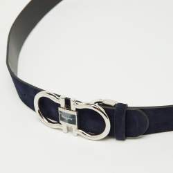 Pre Owned Salvatore Ferragamo Navy Blue/Black Nubuck Leather Cut to Size Reversible Gancini Buckle Belt