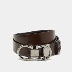 Pre Owned Salvatore Ferragamo Black/Dark Brown Leather Cut to Size Gancini Buckle Belt