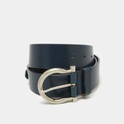 Pre Owned Salvatore Ferragamo Dark Blue Leather Gancio Buckle Belt 85CM