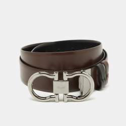 Pre Owned Salvatore Ferragamo Black/Dark Brown Leather Cut to Size Gancini Buckle Belt