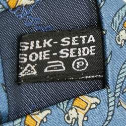 Pre Owned Salvatore Ferragamo Blue Elephant Print Silk Traditional Tie