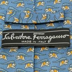 Pre Owned Salvatore Ferragamo Blue Elephant Print Silk Traditional Tie