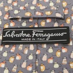 Pre Owned Salvatore Ferragamo Grey Mice Print Silk Tie
