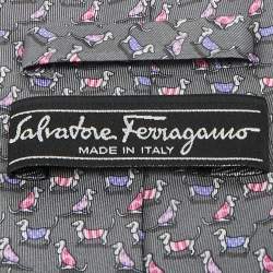 Pre Owned Salvatore Ferragamo Grey Dogs Print Silk Traditional Tie