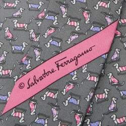 Pre Owned Salvatore Ferragamo Grey Dogs Print Silk Traditional Tie