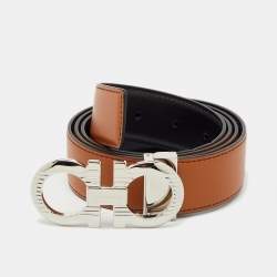 Pre Owned Salvatore Ferragamo Brown/Black Leather Gancini Buckle Reversible Cut to Size Belt