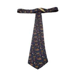 Pre Owned Salvatore Ferragamo Navy Blue Pineapple and Flower Pot Print Silk Tie