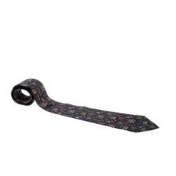 Pre Owned Salvatore Ferragamo Navy Blue Pineapple and Flower Pot Print Silk Tie
