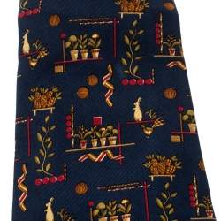 Pre Owned Salvatore Ferragamo Navy Blue Pineapple and Flower Pot Print Silk Tie