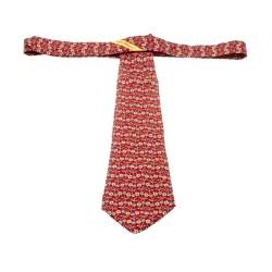 Pre Owned Salvatore Ferragamo Red Silk Geometric Floral Print Tie