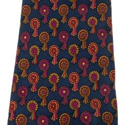 Pre Owned Salvatore Ferragamo Navy Blue Silk Prize Ribbon Print Tie 